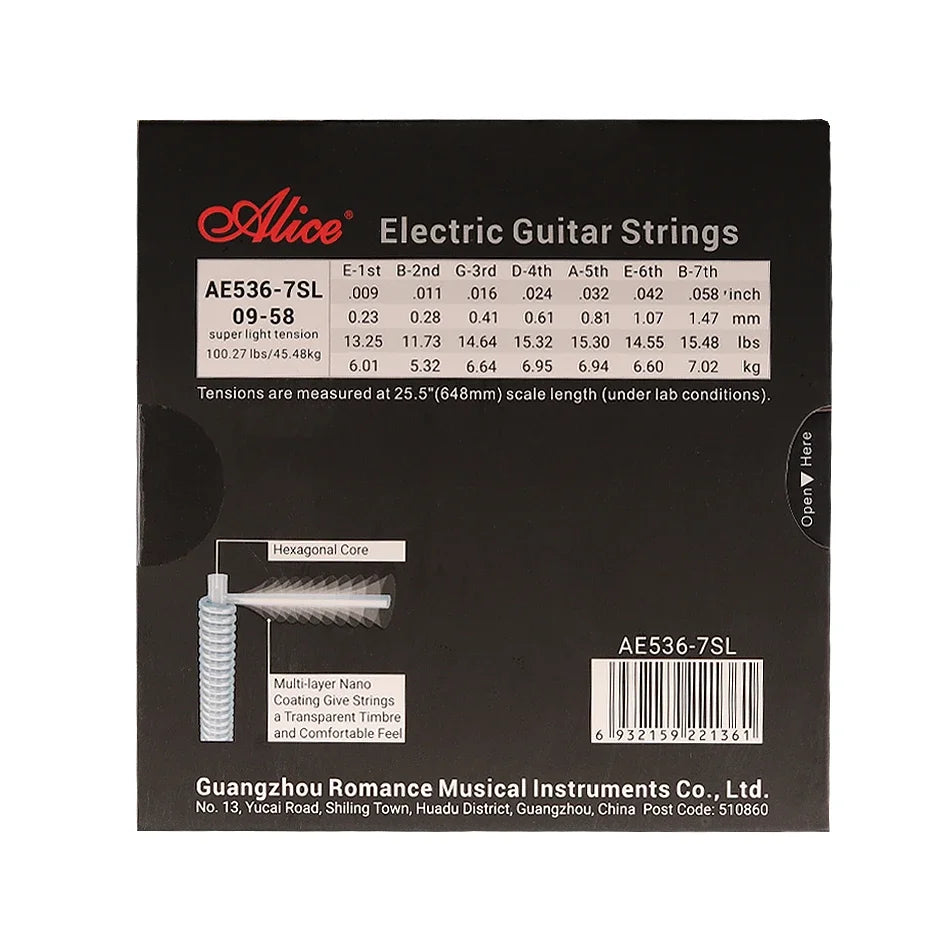 Alice 7-String Electric Guitar Strings Set from E-1st to B-7th Super Light 09-58 Guitar Accessory