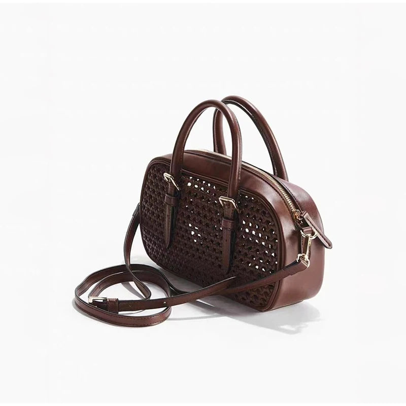 Vintage Hollow-Out Handheld Boston Bag Retro Top-Handle Shoulder Tote Lady Premium Commuter Purse Women Daily Office Satchel