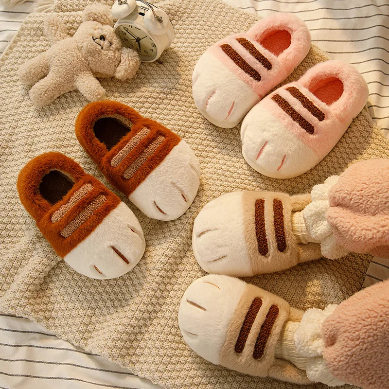 Winter Couple Cat Paw Slippers, Plush Fleece Lined Thick Thermal Home Shoes, Non-Slip Indoor/Outdoor Unisex Anti-Cold House Slid