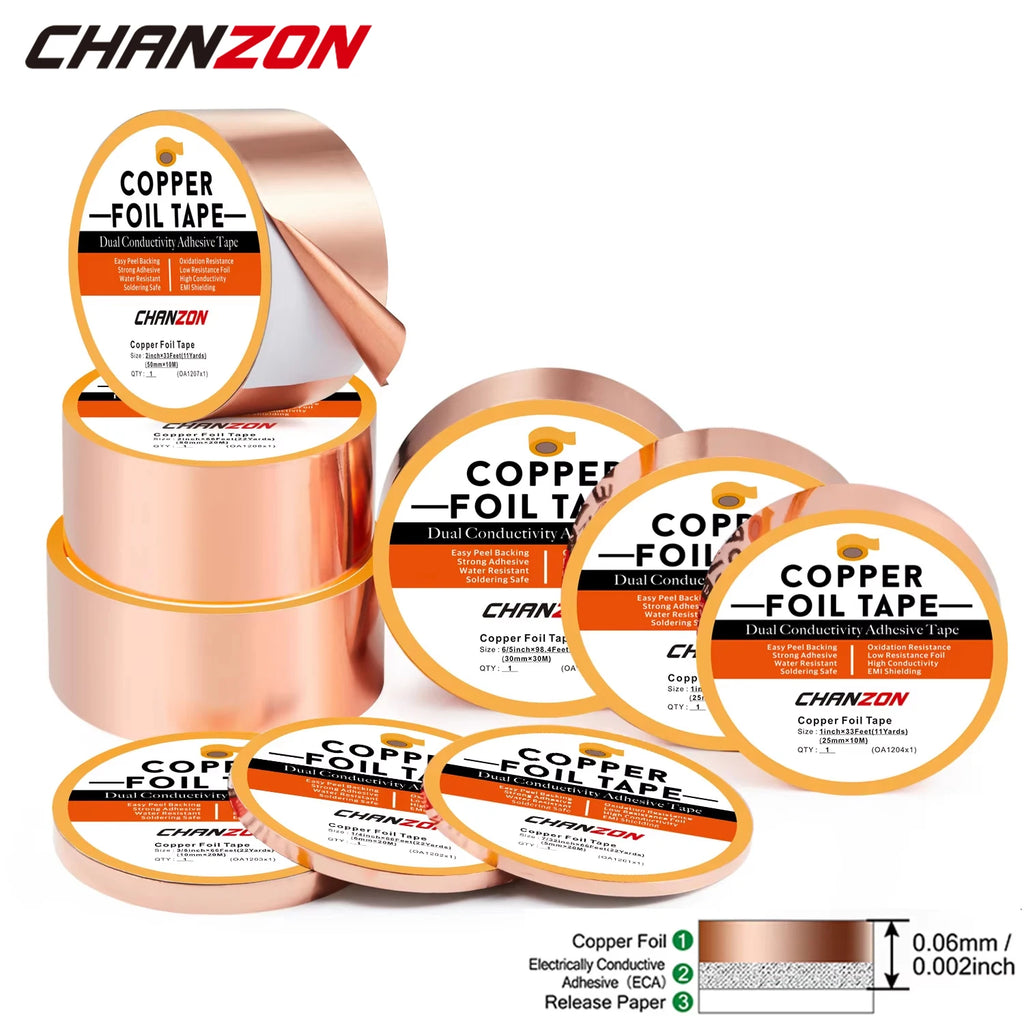 Copper Foil Tape Conductive Strip Adhesive Double Sided For Guitar EMI Shielding Stained Glass Slug Deterrent 5mm 6mm 10mm 25mm