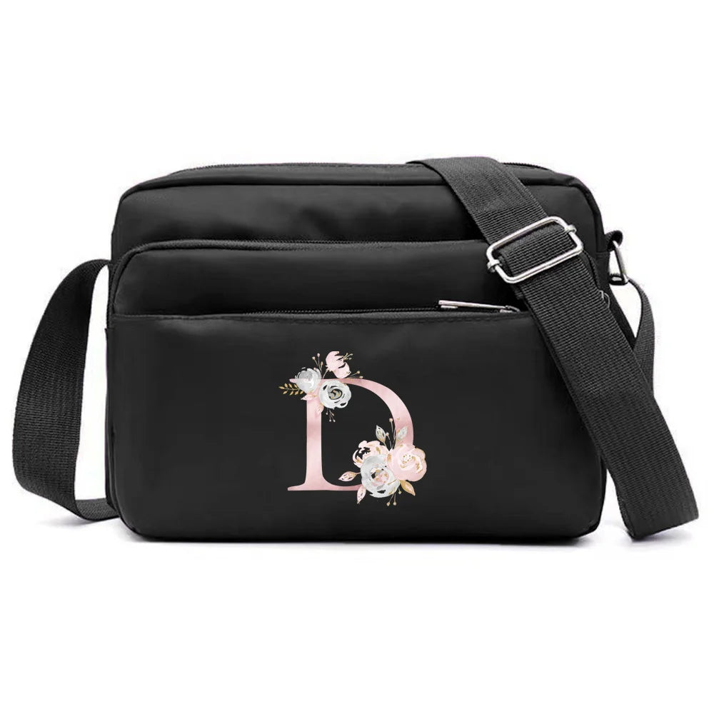 New Simple Black Storage Bag Multi-layer Travel Leisure One Shoulder Crossbody Bag Pink Flower Letter Series Printing Pattern