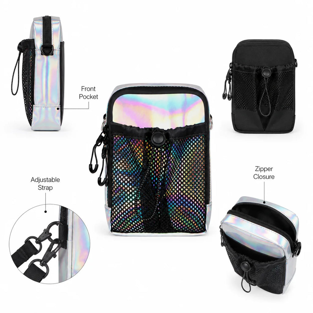 Holographic Crossbody Phone Bag Waterproof Small Shoulder Bag with Front Mesh Pocket Casual Travel Mini Messenger Pouch for Wome