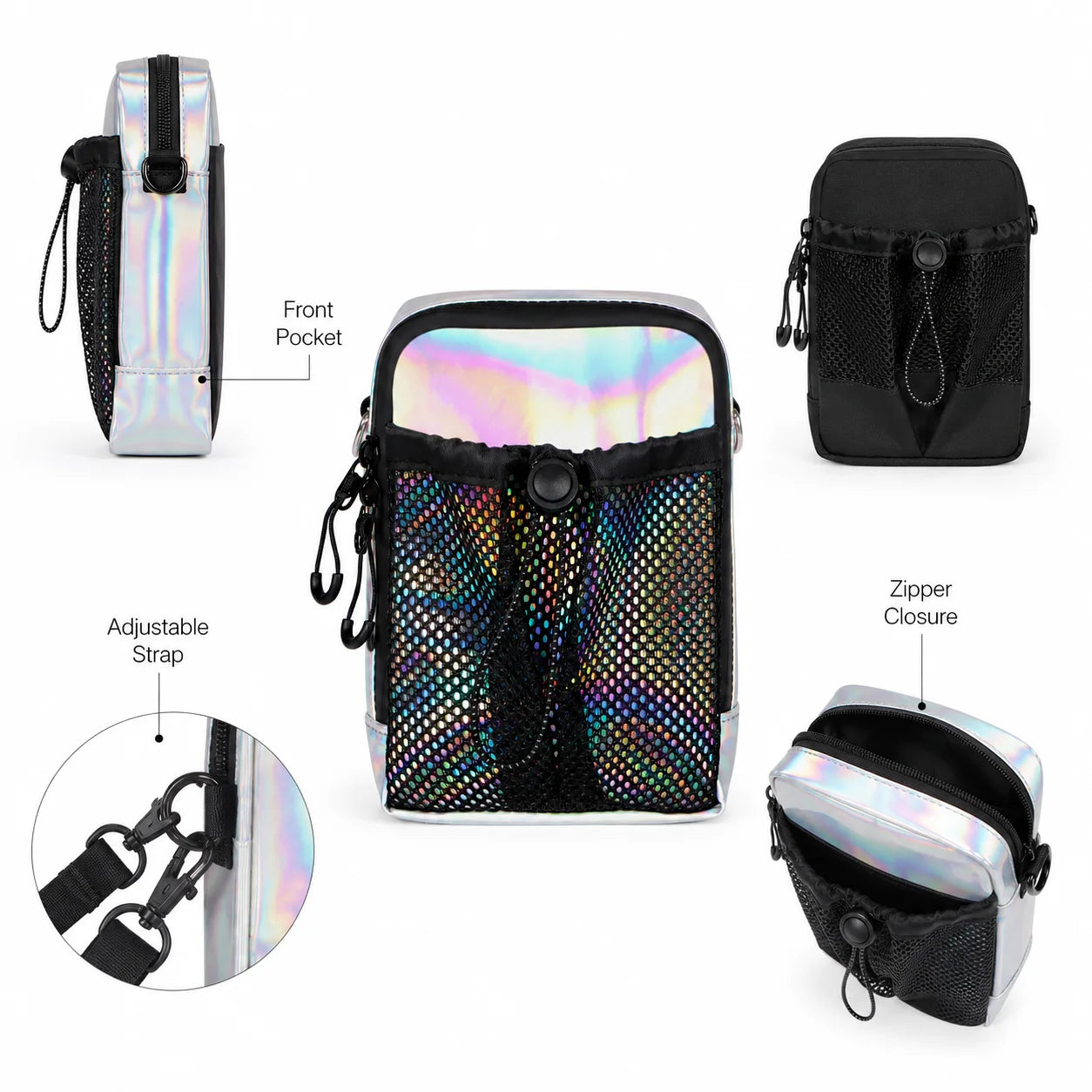 Holographic Crossbody Phone Bag Waterproof Small Shoulder Bag with Front Mesh Pocket Casual Travel Mini Messenger Pouch for Wome