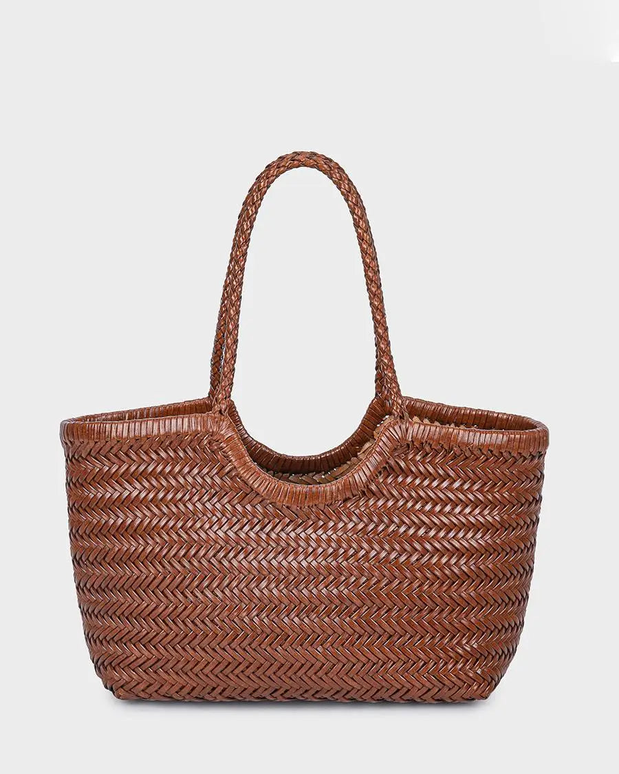 Hand-woven Genuine Leather Woven Casual Vegetable Basket Bag with Casual Woven Inside Bag Shoulder Underarm Tote Bag