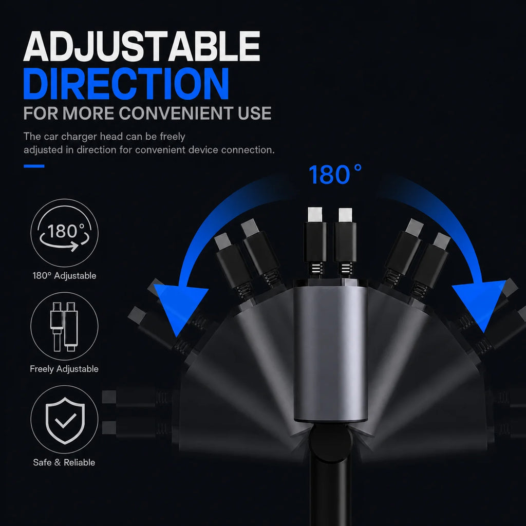 120W 4 in 1 Retractable Car Charger USB C Lightning Cable Starry Sky Ambient Light Fast Charging Adapter with USB-A USB-C Ports