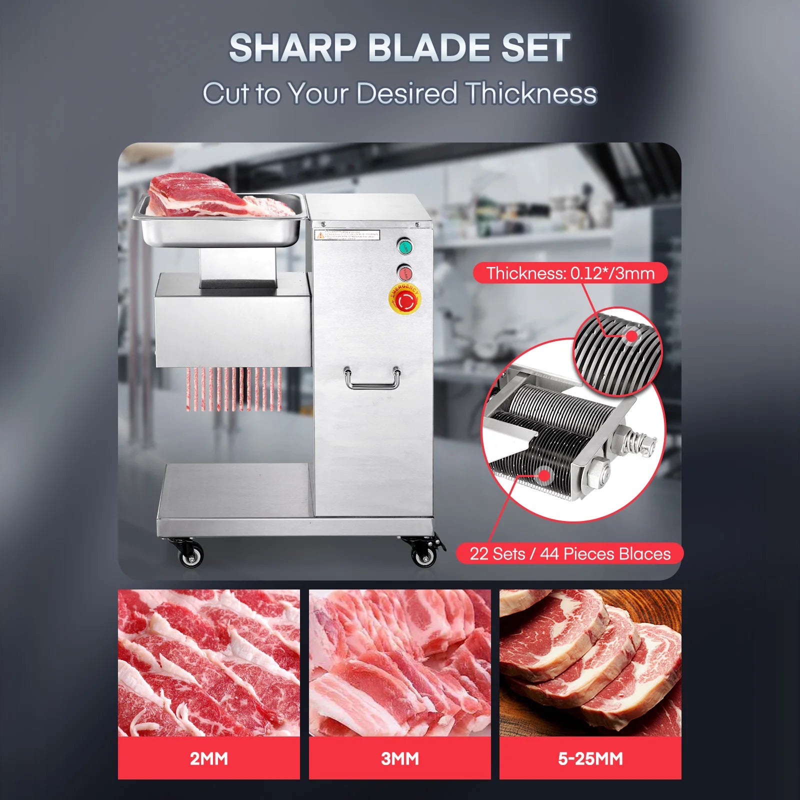 Commercial Meat Cutter Machine, 551Lbs/H Electric Meat Slicer with 3mm Stainless Steel Blades, Removable Dual Blades, Cubes & Strips & Slices, Heavy Duty for Beef Chicken Lamb Pork, 110V – Stainless Steel