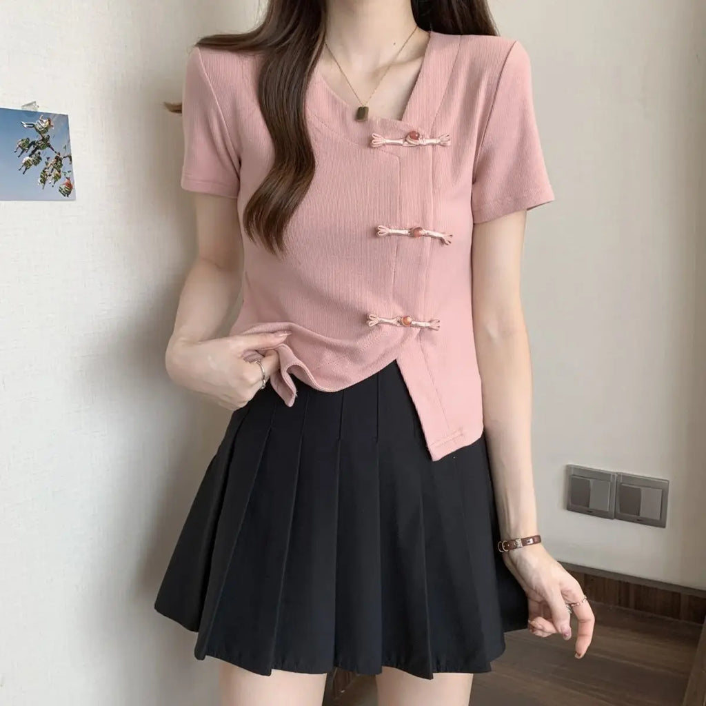 Summer Large-size Women's Clothing New Solid-color Chinese Style Irregular Buckle Slim-fitting V-neck Short-sleeved T-shirt