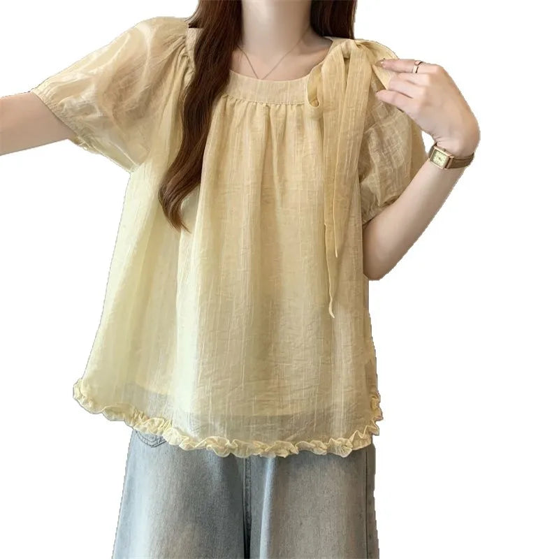 Large size women's clothing summer new solid color loose and cute style bow fungus edge round neck short-sleeved top
