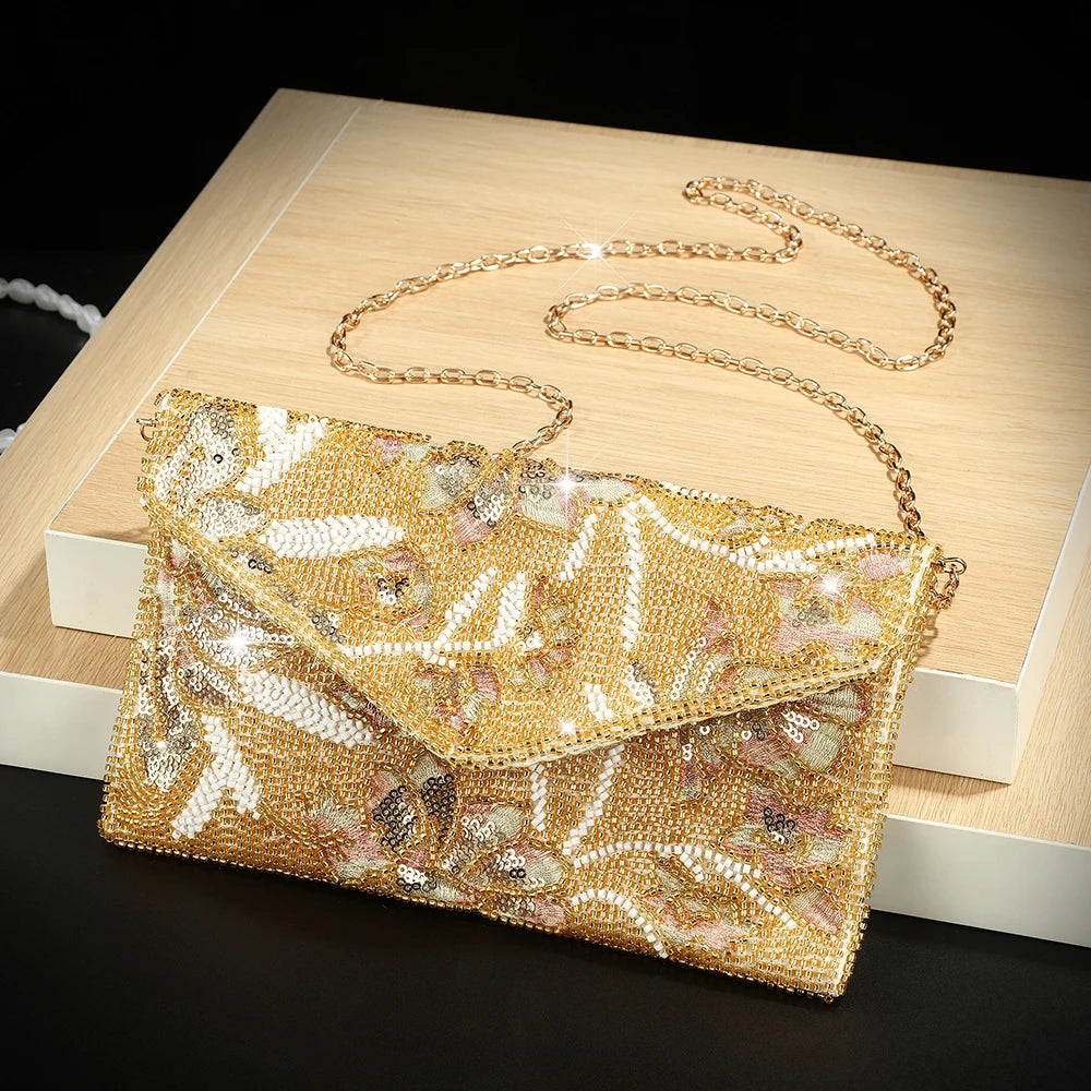 Heavy-duty sequin embroidered evening bag with embroidered flowers, versatile wedding banquet dress handbag for all occasions