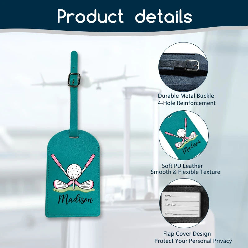 Custom Golf Luggage Tag Synthetic Leather Name ID Label with Privacy Flap Sporty Style Perfect for Suitcases Backpacks Gym Bags