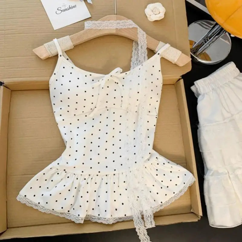 1Pc Women Clothing Summer Fashion Casual Polka Dot Solid Color Sling Ladies Fashionable Appear Thin Slim Young Style Tops