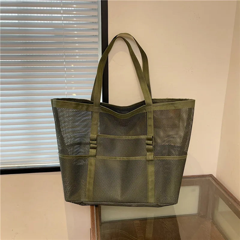 Large Capacity Canvas Beach bag Versatile Commuting Shopping Shoulder bag Lightweight Semi Transparent Mesh Hollow bag
