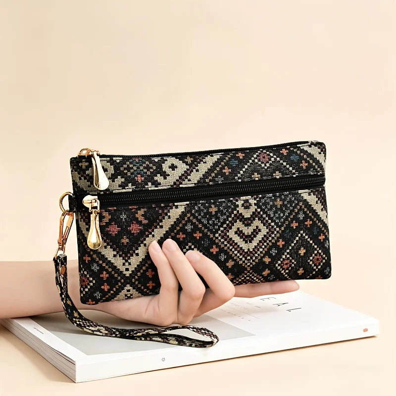 Ethnic Bohemian Chinese Style Womens Long Clutch Wallet Phone Pocket Portable Daily Travel Fashion Storage Hand Purse Accessory