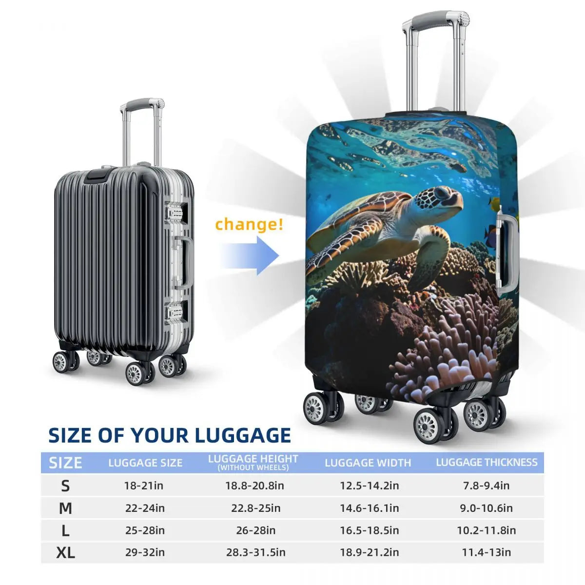 Funny Reflection Coral Reef Sea Turtle Fish Print Luggage Cover Protector Dust Proof Travel Suitcase Covers