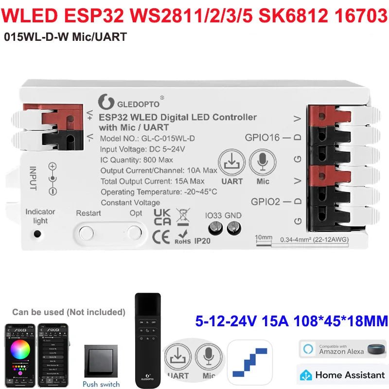 5GLEDOPTO ESP32 PWM WLED Dynamic LED Controller 5 in 1 DC12-24V WIFI App Control for RGBCCT RGBW RGB CCT DM WS2811/2B/3/5 Strip