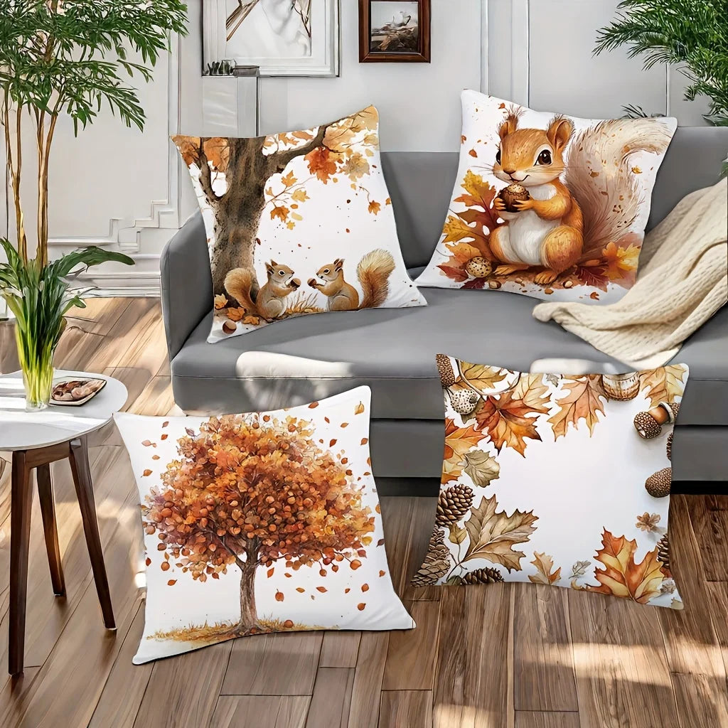 4-piece autumn style squirrel and tree print throw pillow covers, cushion cases, decorative pillowcases for living room decor