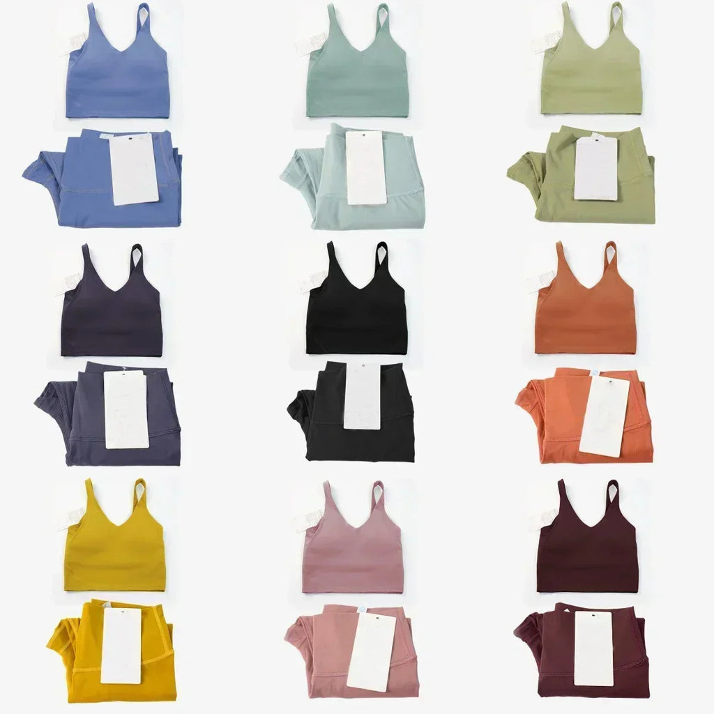 Classic women's 2-piece yoga outfit: U-shaped camisole top & high-waisted nude-feel leggings, suitable for fitness and workout.