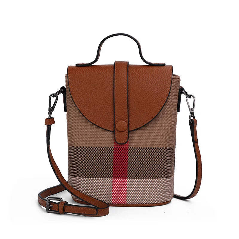 Women's Canvas Spliced Cowhide Shoulder Bag, Mini Striped Flap Handbag, Coin Purse & Crossbody Bag