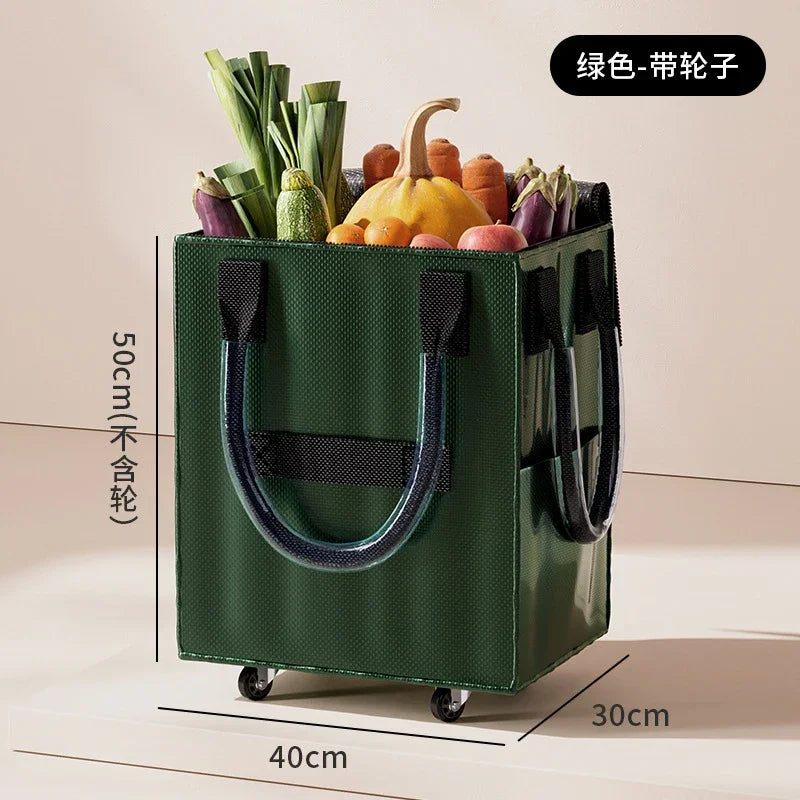 Foldable Wheeled Rolling Shopping Bag Long Handle Large Capacity Portable Collapsible Tote for Travel Shopping Outdoor Business