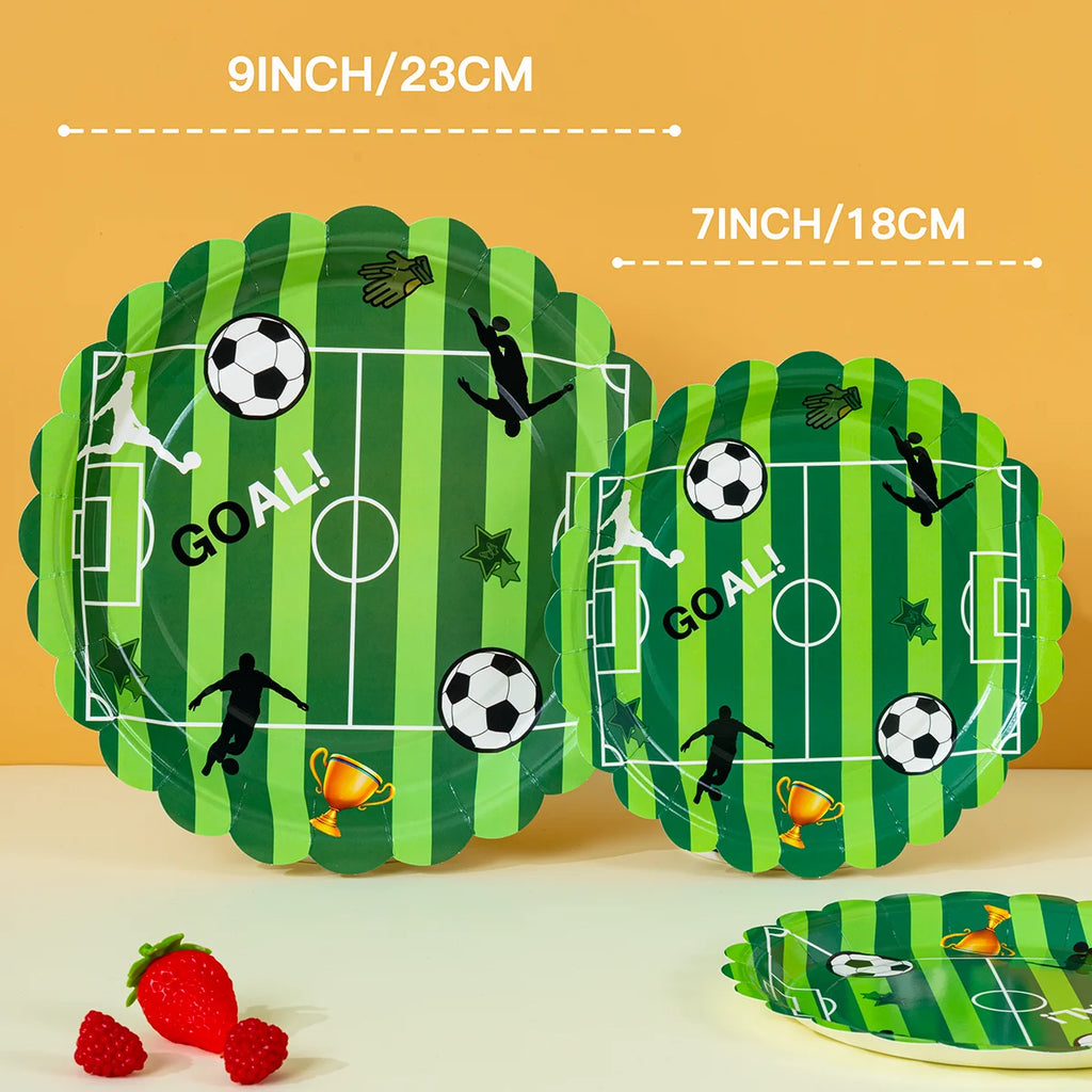 Green Soccer Pitch Scalloped Disposable Paper Plates 7/9 Inch Round Plates for Kids Football World Cup Party Supplies
