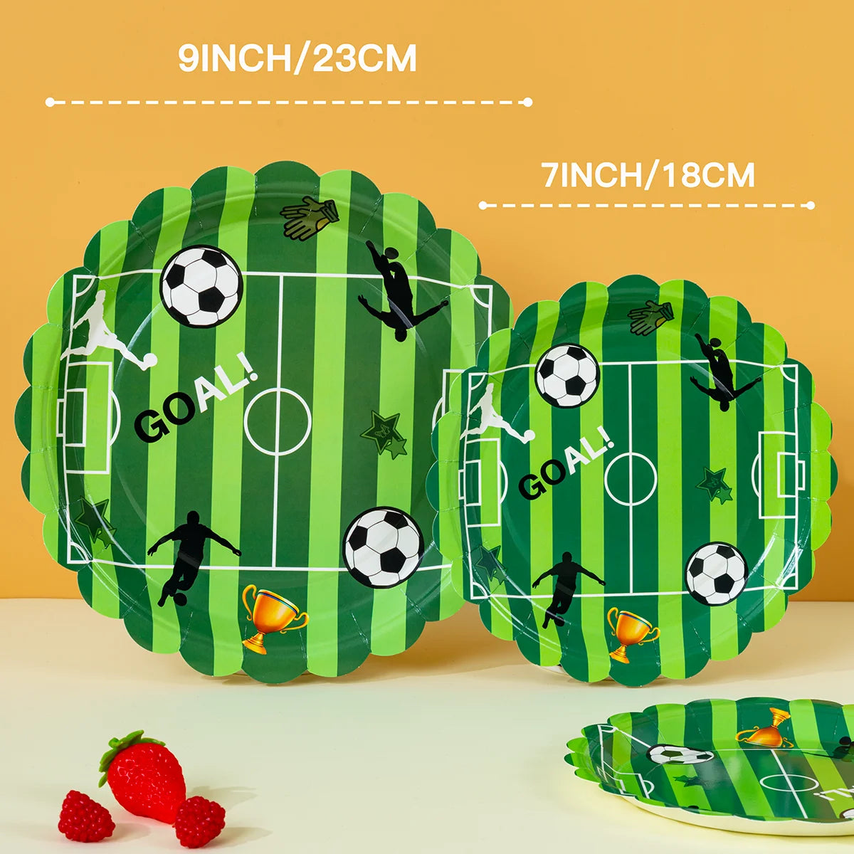 Green Soccer Pitch Scalloped Disposable Paper Plates 7/9 Inch Round Plates for Kids Football World Cup Party Supplies