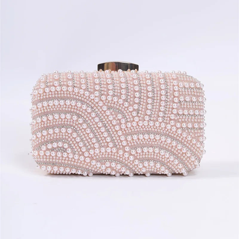 Ladies Pearl Elegant Evening Bag Fashionable Stylish Beading Wedding Dinner Party Banquet Dress Clutch Bag with Long Chain
