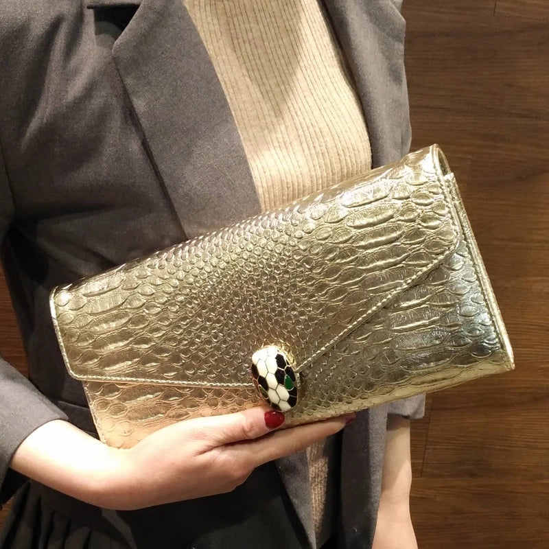 Women Snake Embossed Clutch Bag Elegant Jewelry Inspired Lock Luxury Chain Shoulder Bag 2026 Trend Envelope Party Evening Purse