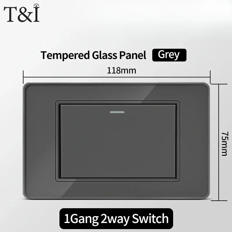 118*75mm TEMPERED GLASS SWITCH PANEL Wall Socket with USB Type - C, Grey US Switch, Thai Plug for Home & Office Use