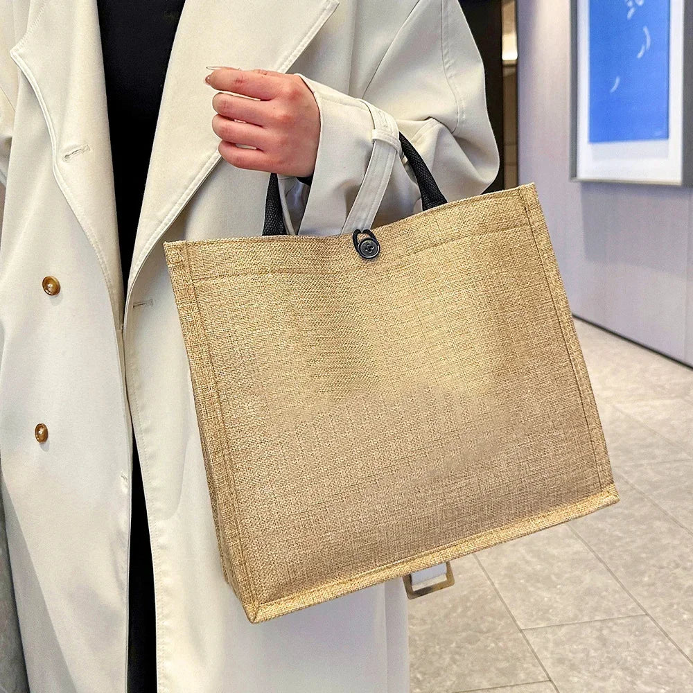 Flax Bag Fastener Handbag Organizer Storage Jute Tote Bags Imitation Cotton Women Valise Portable Floral Letter Printing Series