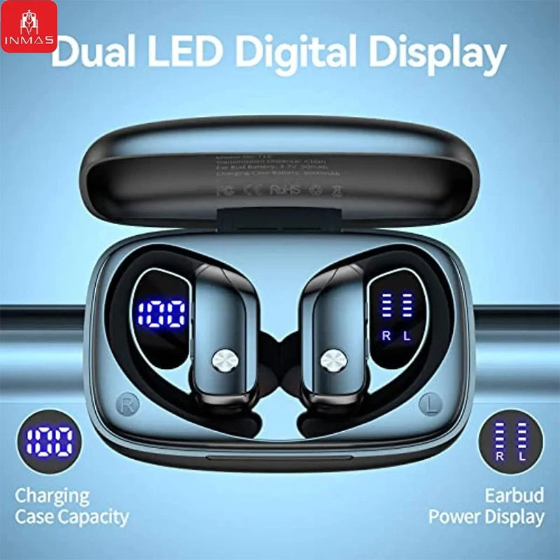 INMAS Wireless Headset T16 Bluetooth EarHook Handsfree Headphones LED Digital Display Earphones Waterproof Sports Gaming Earbuds