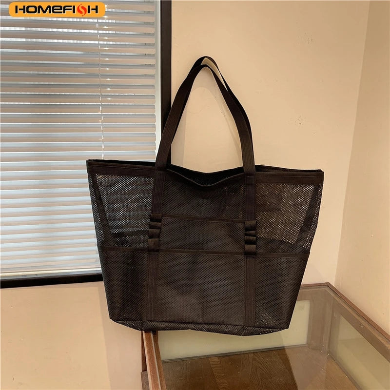 HOMEFISH Multipocket Summer Large Beach Bag For Towels Mesh Durable Beach Bag For Toys Waterproof Underwear Pocket Beach Tote