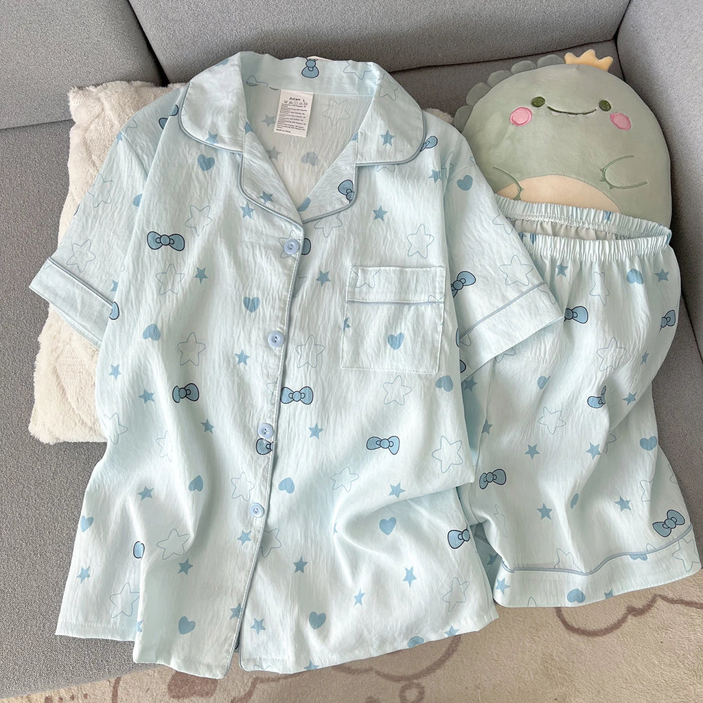 Women's Summer Thin Pajamas with Heart-Shaped Bow Pattern, Short-Sleeved Shorts, Sweet and Cute, Can Be Worn Outside in Summer, Two-Piece Home Wear Set
