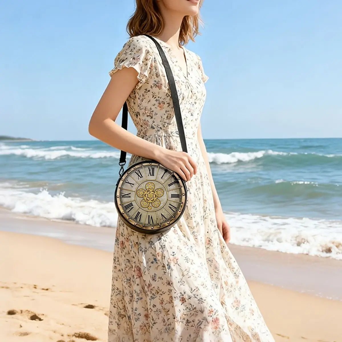 Clock Print Round Shoulder Bag Casual Messenger Bag Daily Adjustable Strap Crossbody Bag for Woman Best Gifts 2D Flat