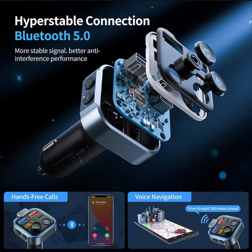 Car Hands-free Bluetooth 5.0 FM Transmitter Car Kit MP3 Modulator Player Handsfree Audio Receiver QC3.0 18W 2 USB Fast Charger