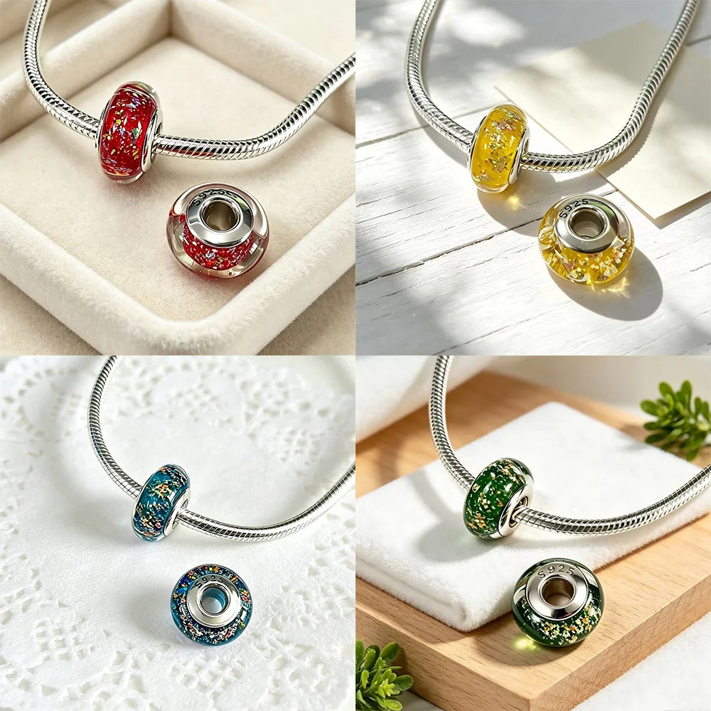 Silver-Plated Red White Stripe Glass Charms Beads Fit Original Bracelet Bag Keychain Charms Beads Pendant Diy Women Jewelry Gift