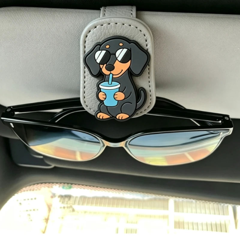 Car Sun Visor Sunglasses Clip Cute Dachshund Dog Cup Leather Glasses Holder Auto Eyeglasses Storage Car Accessories