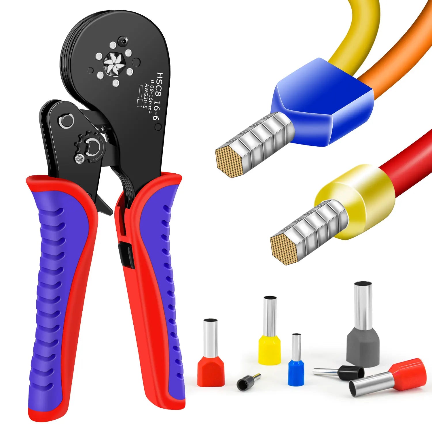 HSC8 16-6 Ferrule Crimping Tool Tubular Terminal Crimper For Large Size Terminals Electrical Clamps 0.08-16mm²/30-5AWG Plier