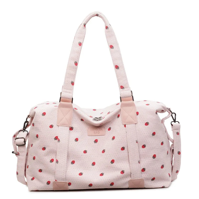 Corduroy Travel Tote Bag Large Capacity Strawberry Travel Handbag with Shoe Compartment Sports Fitness Bag for Women Droshipping