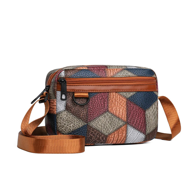 Color Block Patchwork Crossbody Pouch Smooth Zipper Closure, Portable Sling Bag for Motorbike Travel Leisure Outdoor Walks