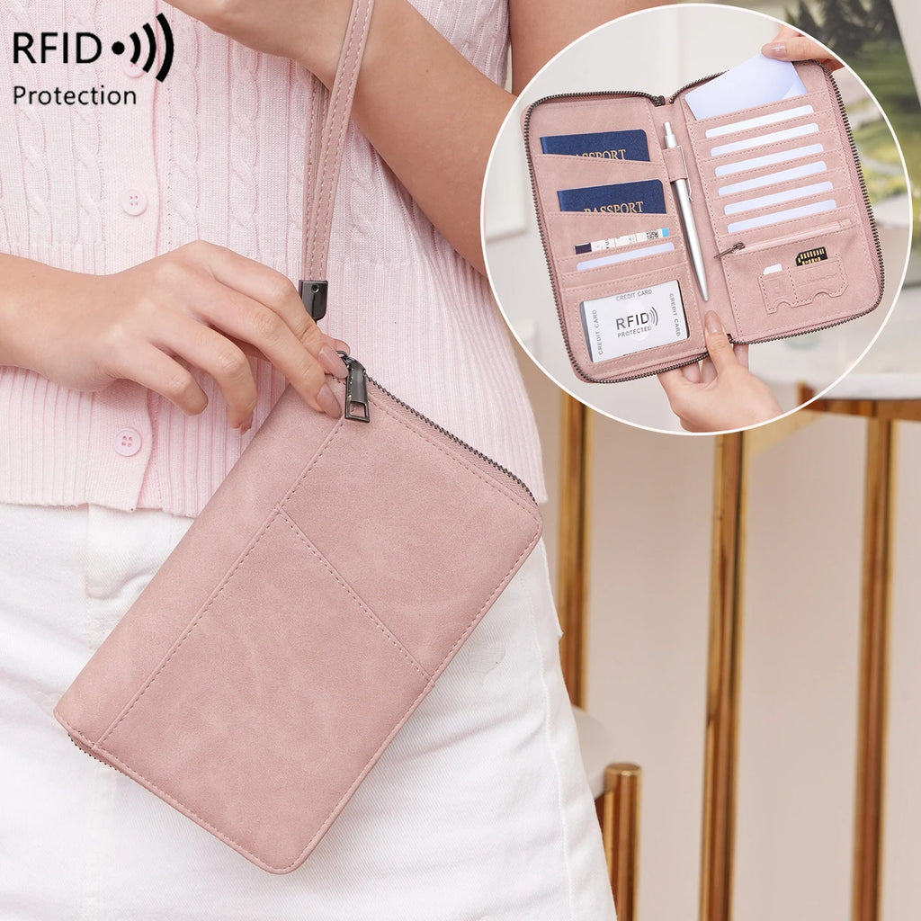Multi-Functional RFID Blocking Passport Bag Travel Document Holder with Long Zipper Ticket Storage Wallet for Multiple Passports
