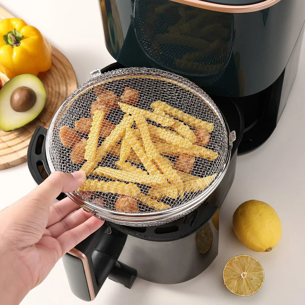 Stainless Steel Round BBQ Grill Basket, 20cm/7.87in Multipurpose Mesh Roasting Cage For Air Fryer Oven Camping Barbecue Popcorn