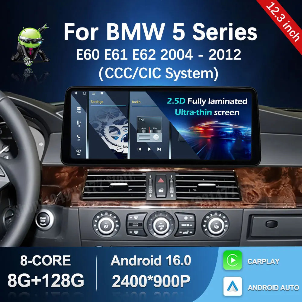 12.3 '' Ultra-thin Screen Android 16 BT for BMW 5 Series E60 E61 E62 2004 - 2012 CIC CCC System GPS Car Video Multimedia Player