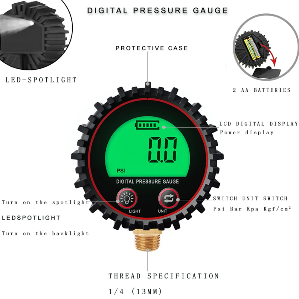 255PSI Digital Gas Pressure Gauge with M11 1/4 1/8NPT Screw Thread Connector Rubber Protector For Car Truck Motorcycle