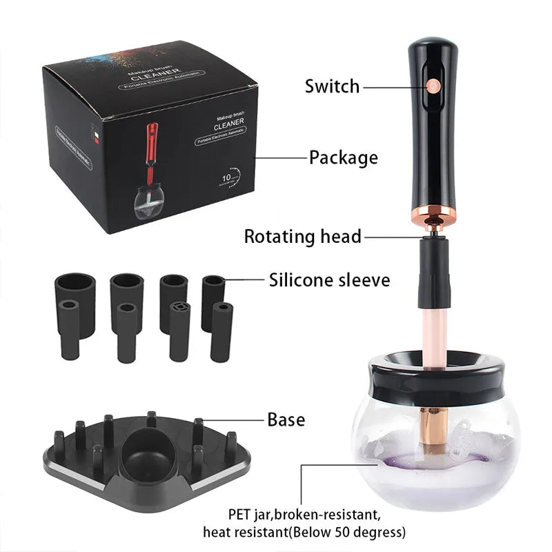Makeup brush cleaning and drying machine, electric cosmetic automatic brush rotator, with 8 sizes of rubber collar, can be clean