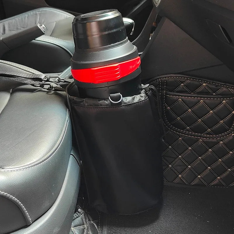 Universal Car Water Bottle & Thermos Holder For Center Console Side Mount with Storage Pocket Adjustable Strap Interior Organize