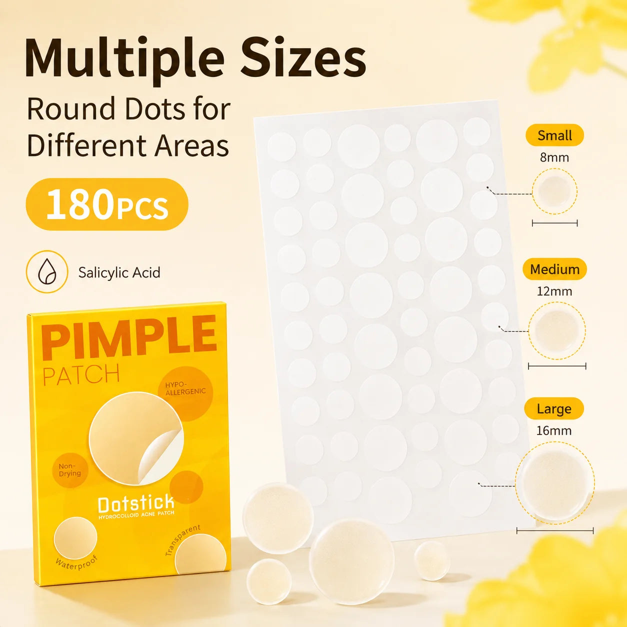 80PCS Round Acne Patches White Hydrocolloid Pimple Spot Cover Stickers Yellow Box Waterproof Face Body Skin Care
