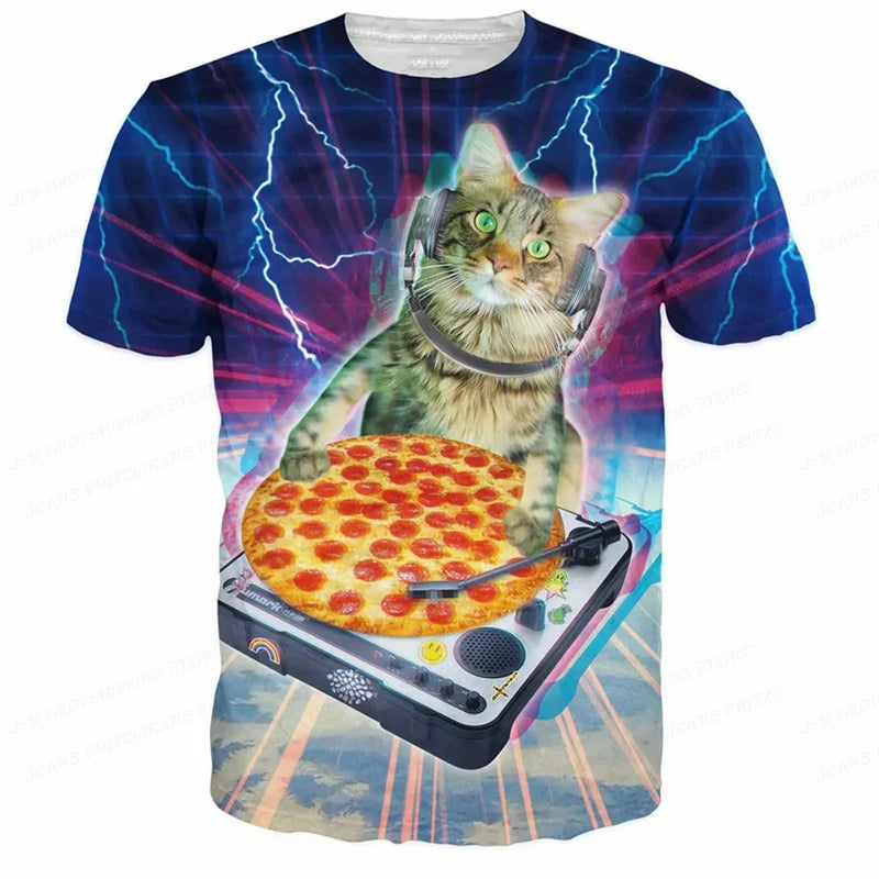 3D Printed Funny Cat T Shirt for Men Animal Food Pattern Tees Summer Street Oversize Short Sleeve Tops Loose Round Neck T-Shirts