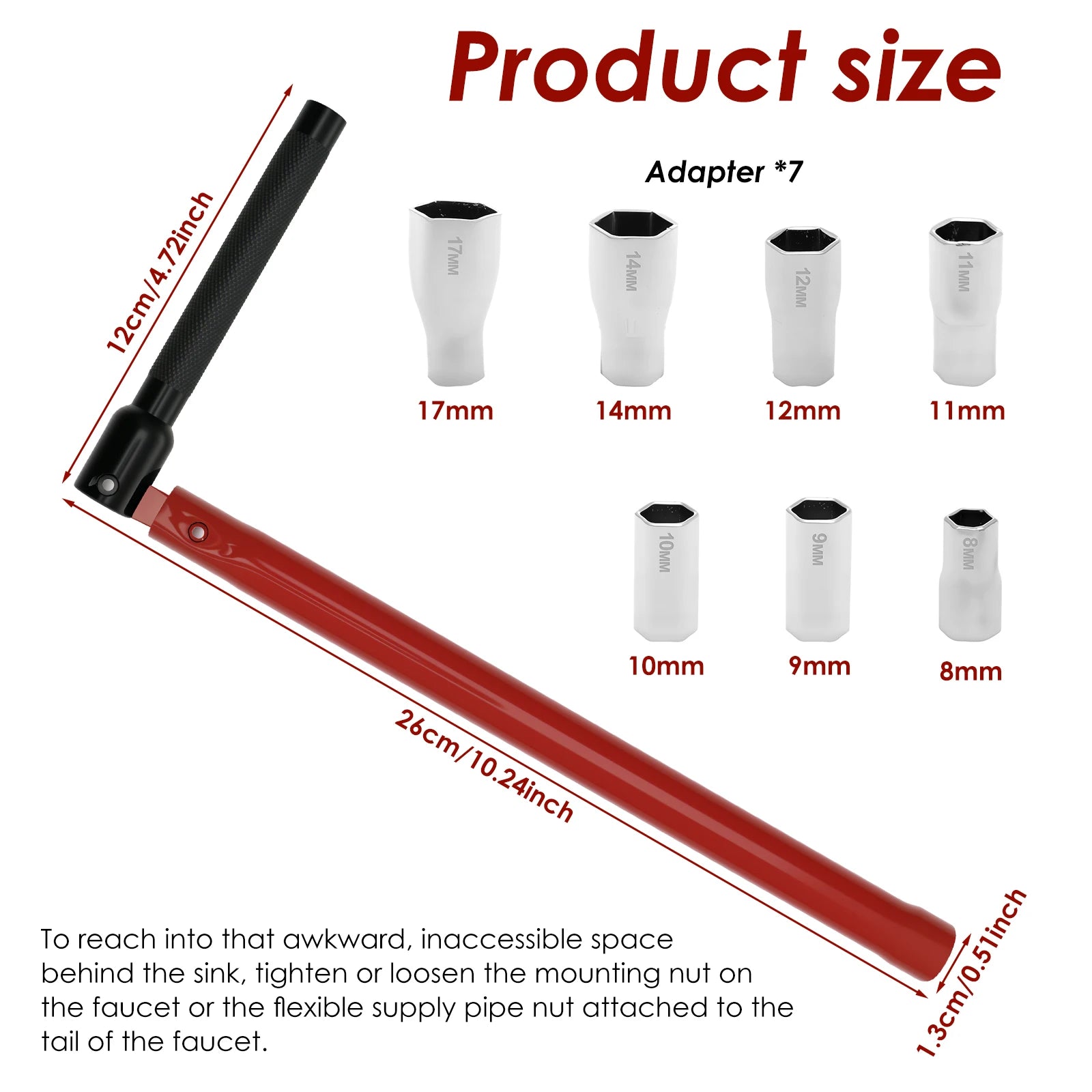 Faucet Wrench Carbon Steel Plumber Socket Wrench with 5 Sockets and 1 Chuck Tap Back Nut Sink Basin Wrench Tap Installation Tool