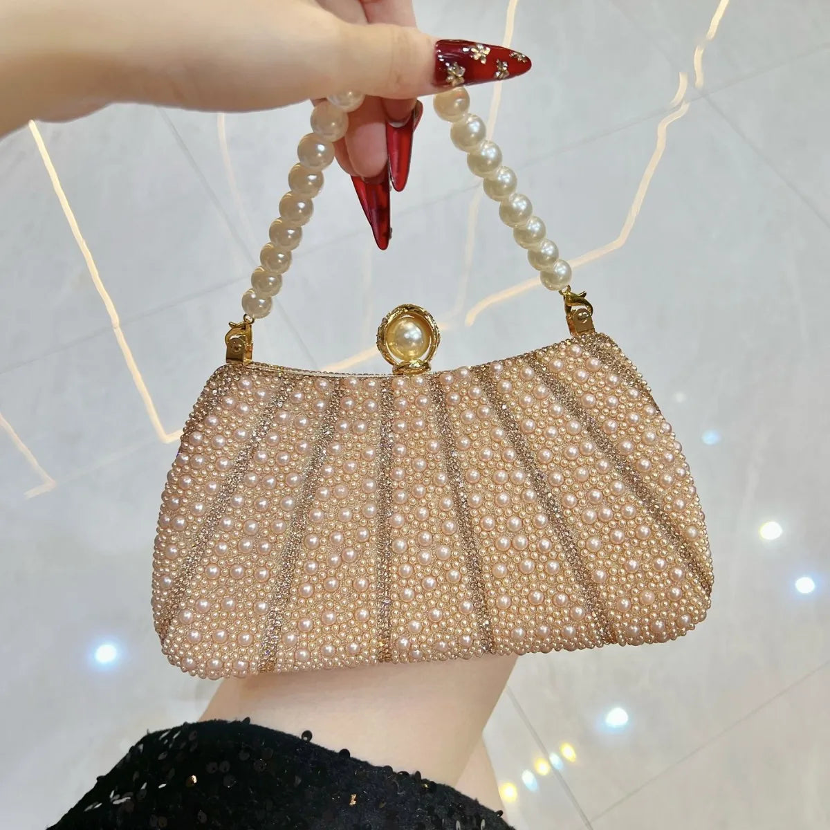 Pearl Rhinestone party Clutch Bag for Women Glitter Embroidered Bead Wedding Bride Handbag luxury Pearl Chain Evening Dress Bags