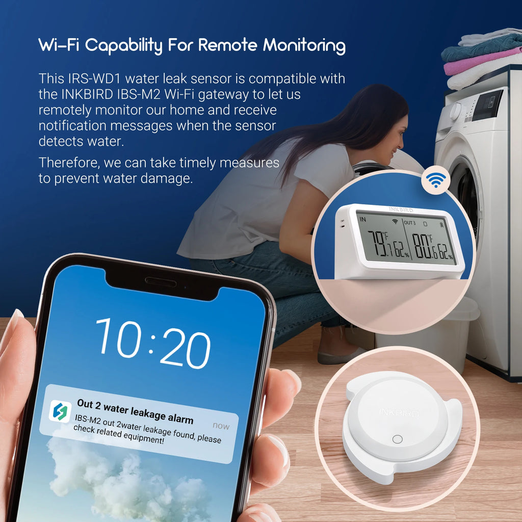 INKBIRD IRS-WD1 Smart Water Leakage Sensor IP67 Waterproof Flood Leakage Sensor for Bathrooms, Kitchens, Laundry Rooms, Attics
